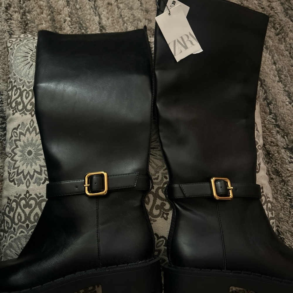 Zara Black Boots with Gold Buckle